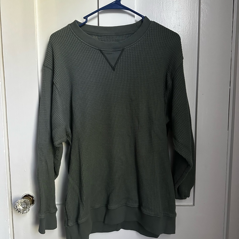 Aerie Green Crewneck Waffle Sweater with Relaxed Fit